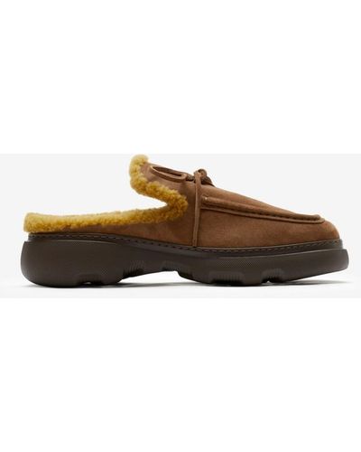 Burberry Suede And Shearling Stony Mules - Brown