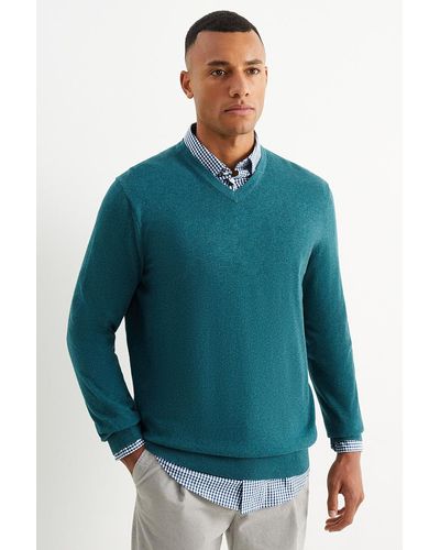 C&A Fijn Gebreide Trui En Overhemd-regular Fit-button Down - Groen