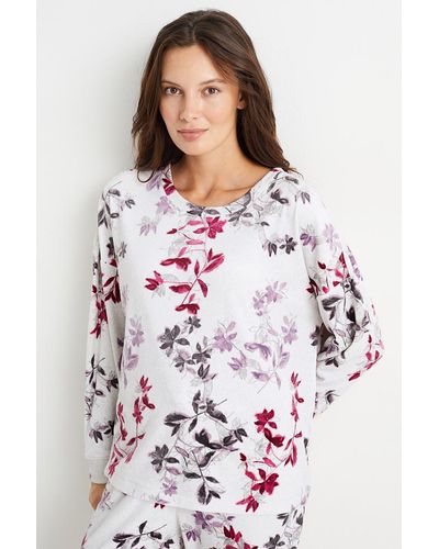 C&A Pyjamashirt Van Velours-gebloemd - Wit