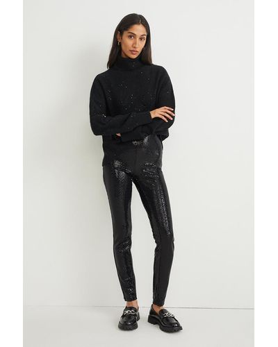 C&A Pantalon de toile-high waist-skinny fit-brillant - Noir