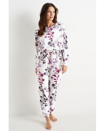 C&A Pantalon de pyjama en velours-motif floral - Blanc