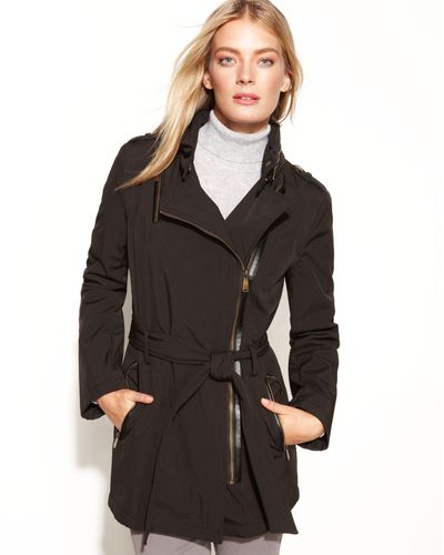 Michael Kors Hooded Asymmetrical Belted Softshell Coat - Black