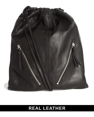 ASOS Leather Drawstring Backpack With Double Zips - Black
