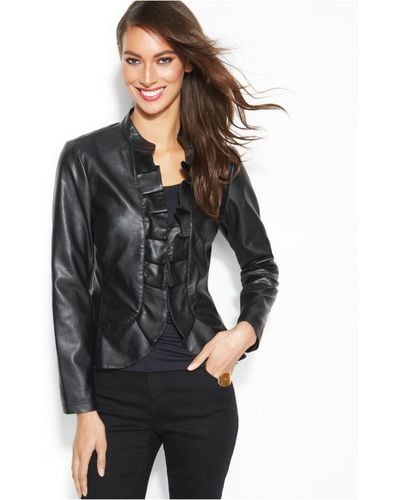 INC International Concepts Faux-Leather Ruffle Jacket - Black