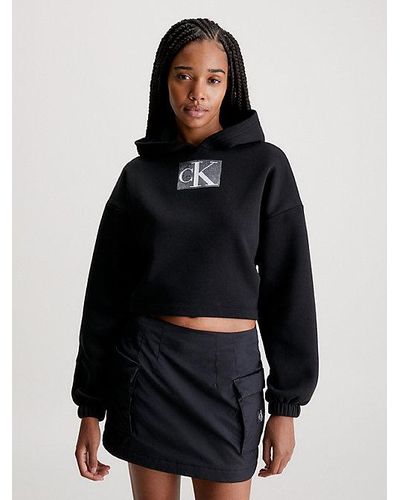 Calvin Klein Cropped Hoodie Met Lovertjes En Logo - Zwart