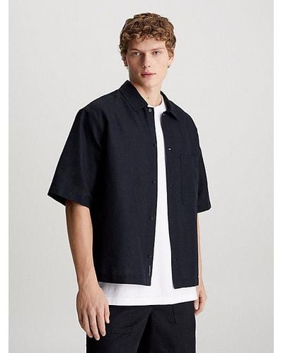 Calvin Klein Kurzärmeliges Hemd aus Leinen-Baumwoll-Mix - Blau