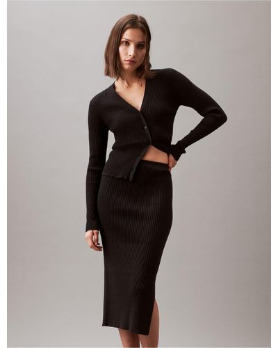Calvin Klein Smooth Cotton Rib Midi Sweater Skirt - Black