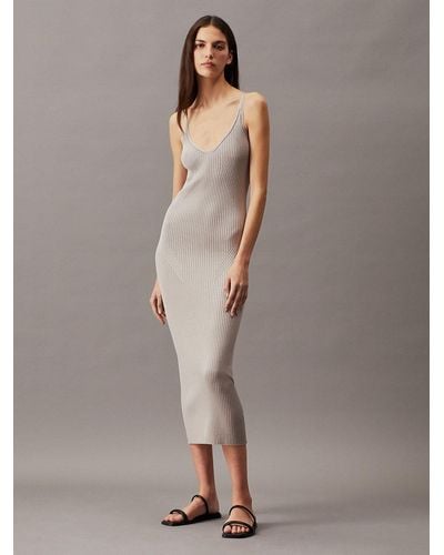 Calvin Klein Slim Ribbed Slip Dress - Natural