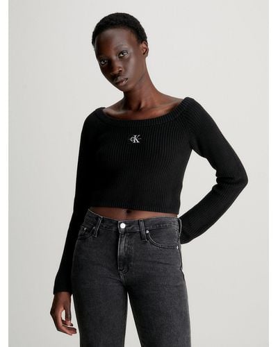 Calvin Klein Cropped Ribbed Cotton Jumper - Black