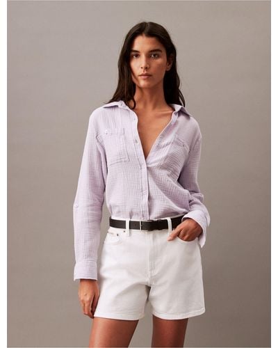 Calvin Klein Textured Button-front Roll-sleeve Shirt - Multicolor
