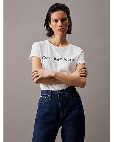 Calvin Klein Slim T-shirt Met Logo Van Biologisch Katoen - Wit