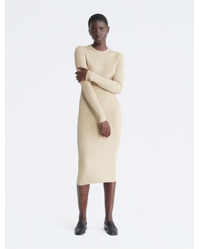 Calvin Klein Ribbed Midi Sweater Dress - Natural