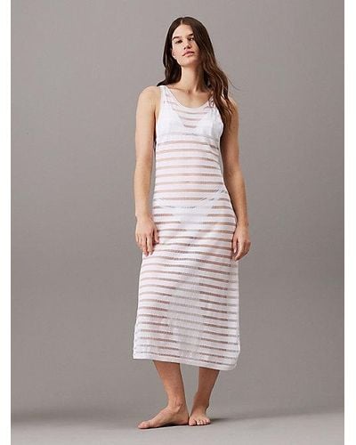 Calvin Klein Vestido de playa de punto a rayas transparente - Blanco