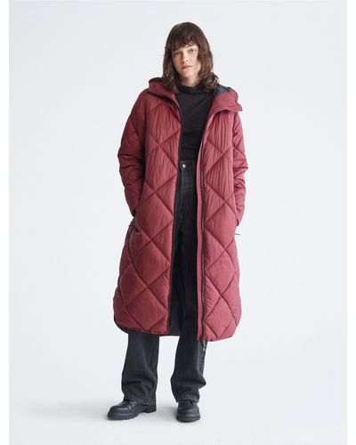 Calvin Klein Repreve® Hooded Long Puffer Jacket - Red