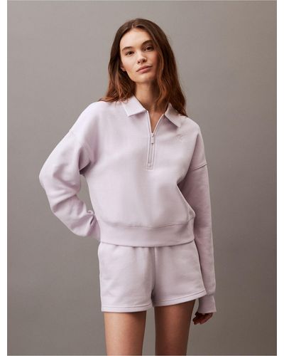 Calvin Klein Archive Logo Fleece Quarter Zip Polo Sweatshirt - Purple