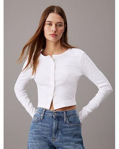 Calvin Klein Cárdigan slim de canalé de algodón - Blanco