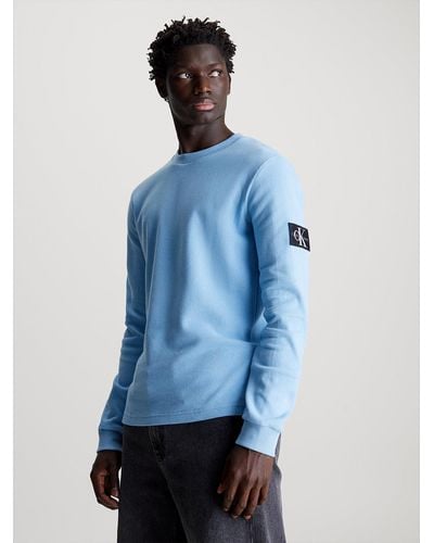 Calvin Klein T-shirt slim gaufré à manches longues - Bleu