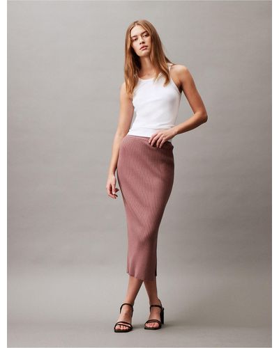 Calvin Klein Smooth Cotton Rib Midi Sweater Skirt - Grey
