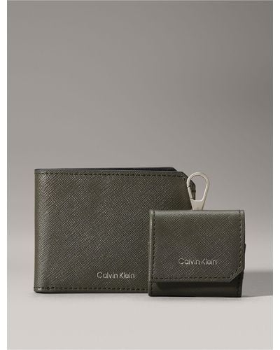 Calvin Klein Refined Saffiano Leather Bifold Wallet + Airpods Case Gift Set - Gray