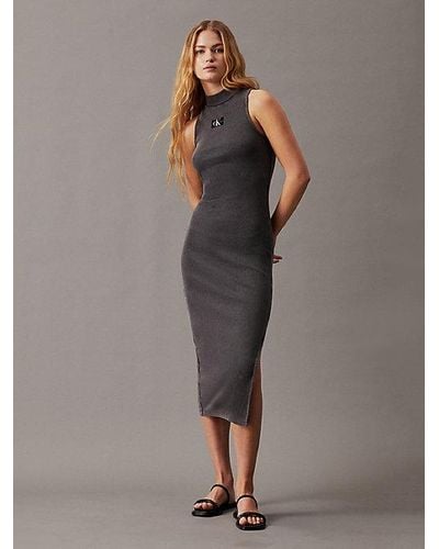 Calvin Klein Slim Maxi-jurk Van Ribkatoen - Grijs