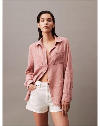 Calvin Klein Textured Button-front Roll-sleeve Shirt - Pink