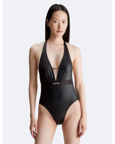 Calvin Klein Plunge Neckline One Piece Swimsuit - Black