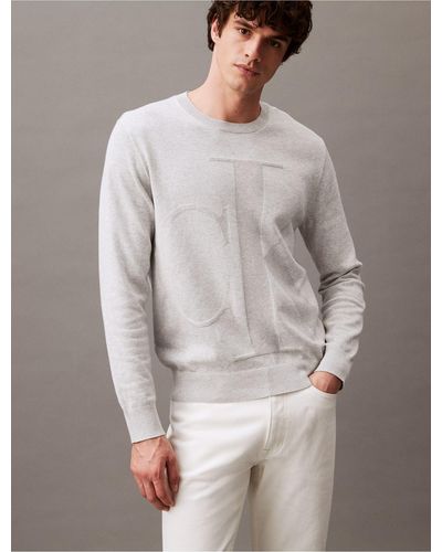 Calvin Klein Smooth Cotton Monogram Logo Sweater - Gray