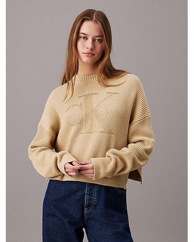 Calvin Klein Monogramm-Pullover aus gerippter Baumwolle - Blau