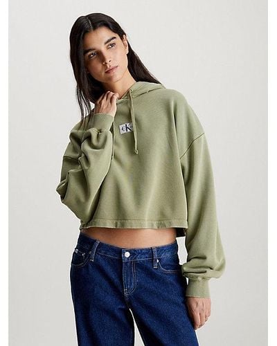 Calvin Klein Sudadera con capucha cropped de algodón lavado - Verde
