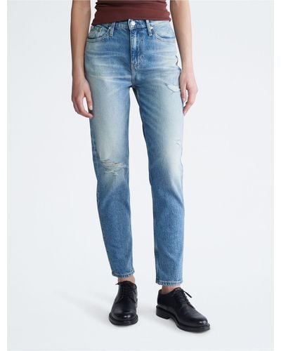 Calvin Klein Distressed Mom Fit Jeans - Blue