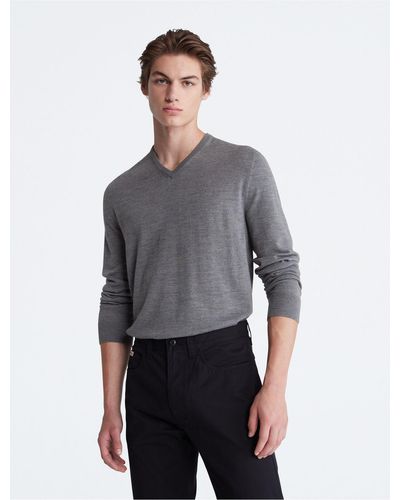 Calvin Klein Extra Fine Merino Wool Blend V-neck Sweater - Grey