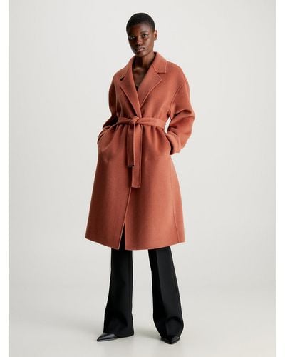 Calvin Klein Wool Belted Wrap Coat - Red