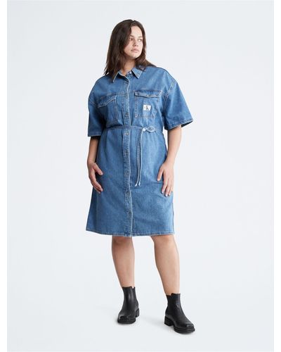 Calvin Klein Plus Size Utility Denim Shirt Dress - Blue