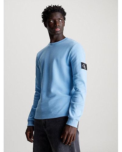 Calvin Klein Slim Wafel-t-shirt Met Lange Mouwen - Blauw