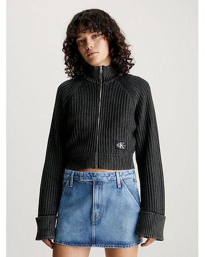 Calvin Klein Cardigan mit Reißverschluss aus gerippter Baumwolle - Schwarz