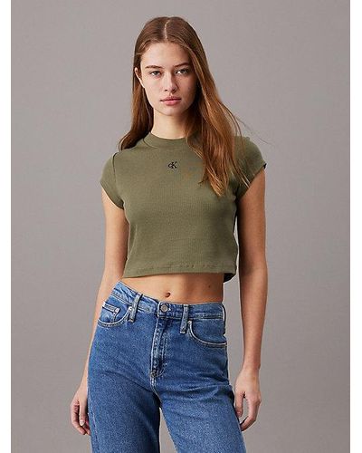 Calvin Klein Slim Cropped Geribbeld T-shirt - Groen