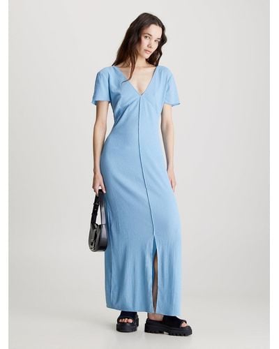 Calvin Klein Robe longue à manches courtes en tissu froissé - Bleu