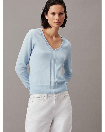 Calvin Klein Schmaler Pullover aus Baumwoll-Seiden-Mix - Blau