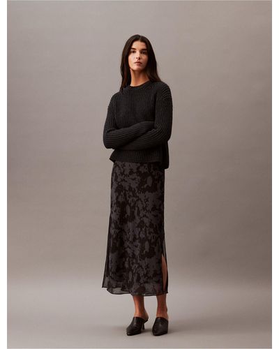 Calvin Klein Chiffon Botanic Print Midi Skirt - Brown