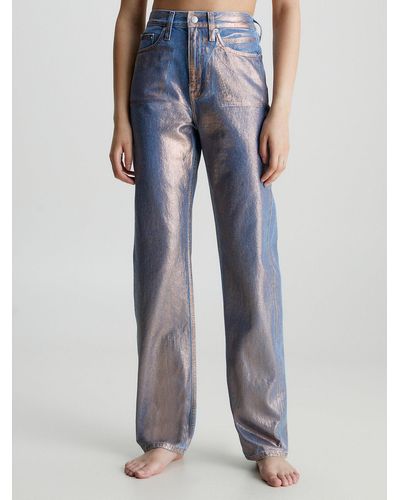 Calvin Klein Jean droit taille haute fini métallisé - Bleu