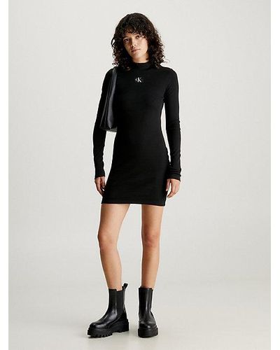 Calvin Klein Vestido slim de mangas largas de canalé - Negro