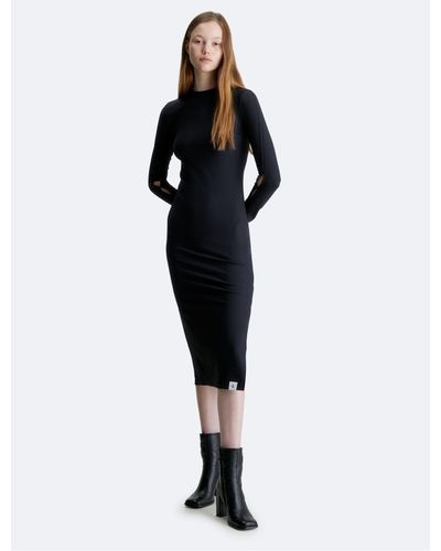 Calvin Klein Ribbed Tab Sleeve Open Hem Midi Dress - Black