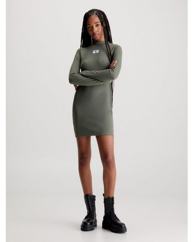 Calvin Klein Slim Ribbed Long Sleeve Dress - Green