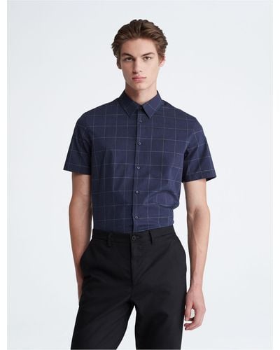 Calvin Klein Windowpane Slim Stretch Short Sleeve Button-down Shirt - Blue