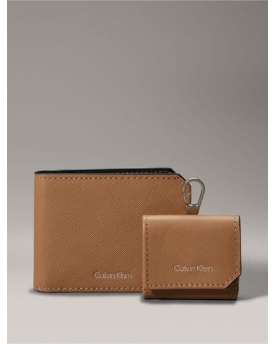 Calvin Klein Refined Saffiano Leather Bifold Wallet + Airpods Case Gift Set - Brown