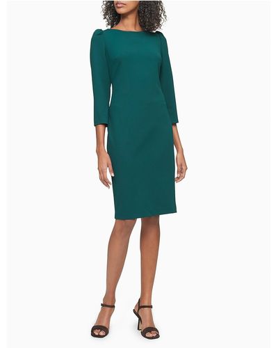 Calvin Klein Solid 3/4 Sleeve Sheath Dress - Green