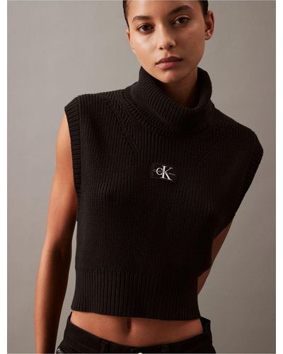 Calvin Klein Ribbed Monogram Logo Sweater Vest - Black
