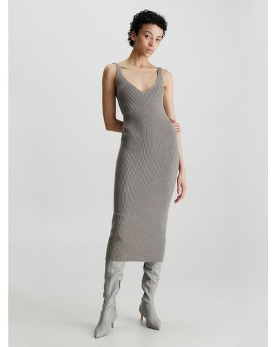 Calvin Klein Slim Wool Ribbed Slip Dress - White