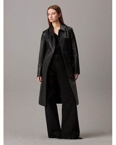 Calvin Klein Leather Wrap Trench Coat - Black