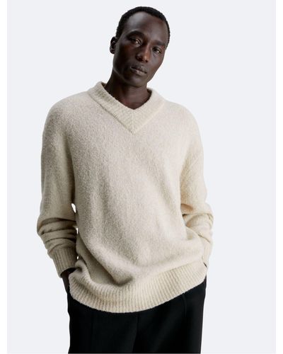 Calvin Klein Boucle Wool Blend V-neck Sweater - Natural
